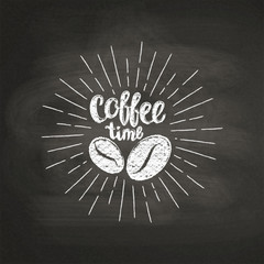 Chalk textured lettering Coffee time with coffee beans and vintage sun rays on black board. Handwritten quote for drink and beverage menu or cafe theme, poster, t-shirt print, logo.