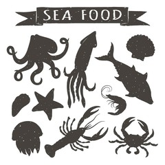 Seafood hand drawn vector illustrations isolated on white background, elements for restaurant menu design, decor, label. Vintage silhouettes of sea animals.