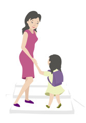 A woman and a girl with a backpack go up the stairs