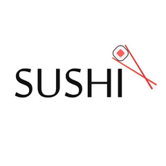 Sushi - logo design in flat style. Chopsticks holding sushi roll. Vector