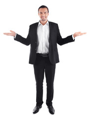 Handsome man in elegant black suit on white background