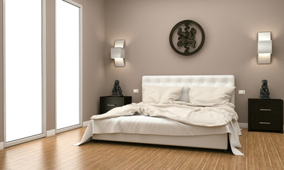Bedroom in daylight with city background