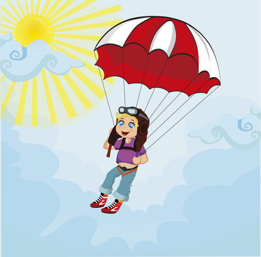 Little cute boy jumping with parachute. Vector Illustration