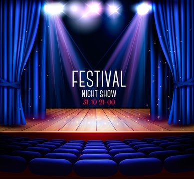 A theater stage with a blue curtain and a spotlight. Festival night show background. Vector.