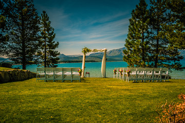 wedding, lake, beach, kiss, Lake Tahoe, bride, groom