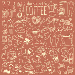 Coffee doodle set. Variety of drinks and accessories - cappuccino, espresso, latte, coffeemaker, french press. Vector drawing for menu and cafe chalkboard.