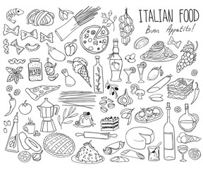 Italian cuisine doodle set. Traditional food and drinks - pizza, lasagna, risotto, gelato, pasta, spaghetti, wine. Freehand vector drawing isolated on white background.