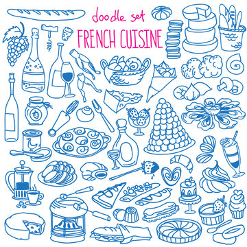 French cuisine doodle set. Traditional food and drinks - baguette, croissant, wine, cheese, crepes, coffee. Vector drawing isolated on white background.