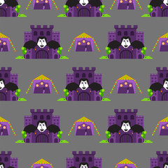 Obraz premium Cartoon fairy tale castle key-stone palace tower architecture building seamless pattern background vector