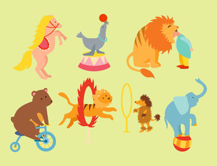 Circus funny animals set of vector icons cheerful zoo entertainment collection juggler pets magician performer carnival illustration.