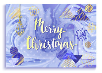 Merry christmas greeting card in trendy style with lettering, colorful party blue marble background or invitation template, banner, cover, vector illustration