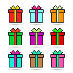 Set of colorful icons of gift boxes on white background. Vector