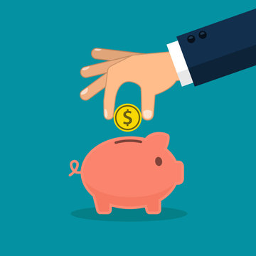 Save money in piggy bank, vector flat design illustration