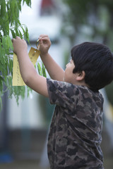 七夕の願い事をする男の子