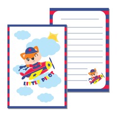 Obraz premium Cute fox boy as little pilot on the sky vector cartoon illustration for kid paper card design, planner paper and stationery paper