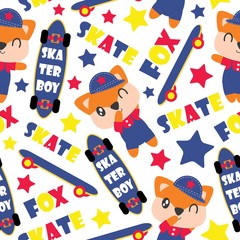 Seamless pattern of cute fox boy and skateboards vector cartoon illustration for baby shower wrapping paper, fabric clothes, and wallpaper