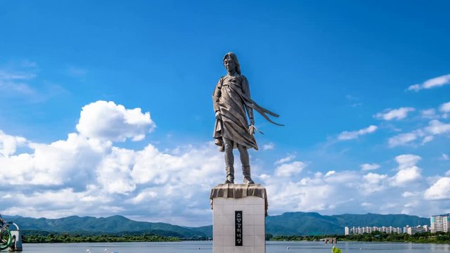 Chuncheon, Korea - August 2, 2017: Soyang river girl statue. Time lapse.