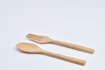 Wooden Spoon and Fork Isolated on white Background
