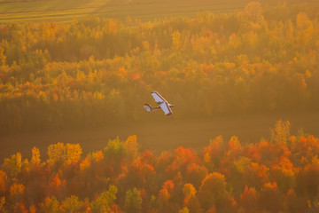 plane flying over a forest in fall