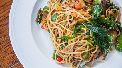 Spaghetti with Spicy Mixed Seafood, Thai Style.