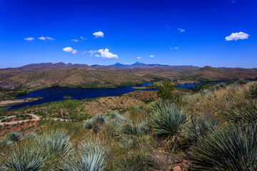 An overview of Patagonia Lake from overlook trail. Patagonia Lake State Park near Nogales, Arizona.