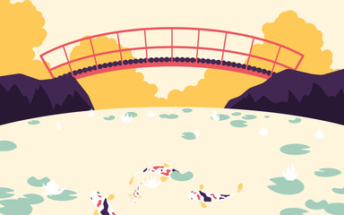 Japanese garden with red bridge across the river with fancy carp and lotus