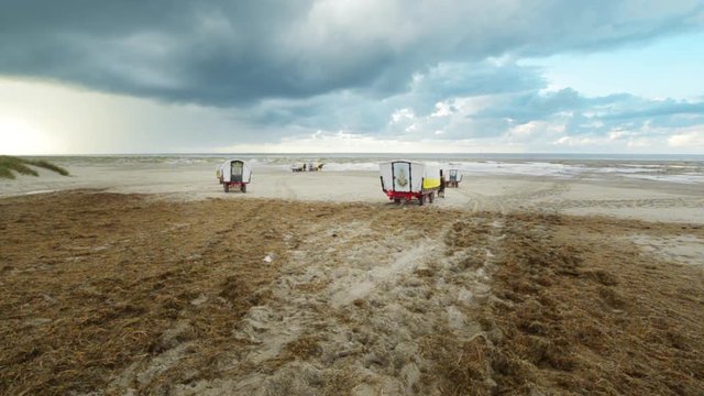 horses with covered wagons on the beach riding away