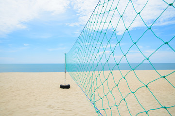 Closeup the beach volleyball net with cloudy and blue sky, Sport and nature concept, Selective focus - 173861939