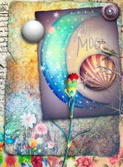 Foto auf Acrylglas Hintergrund mit Märchenmond, Sternen, Blumen und roter Nelke © Rosario Rizzo