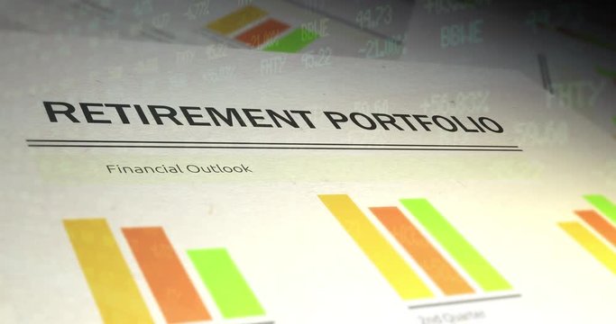 Financial Paperwork with Stock Market Ticker overlay - Retirement Portfolio