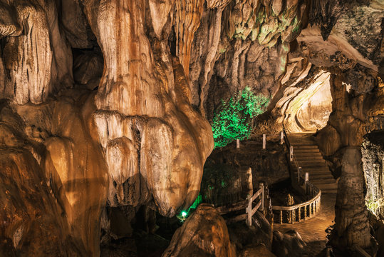 Travel Asia holiday. landscape inside stalagmite caves in Asia, Laos