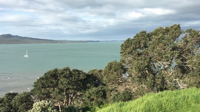 Aerial landscape view of Rangitoto island, a volcanic island in the Hauraki Gulf and iconic landmark of Auckland, New Zealand