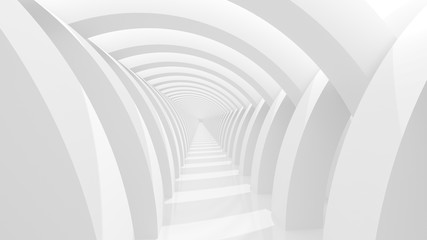 Futuristic white corridor with abstract columns and bright light. 3D Rendering.
