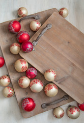 Christmas tree vintage mercury glass ornaments balls on wooden distressed tray