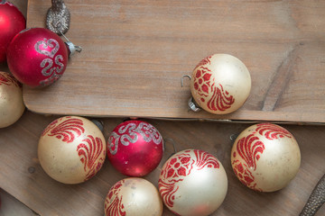 Christmas tree vintage mercury glass ornaments balls on wooden distressed tray