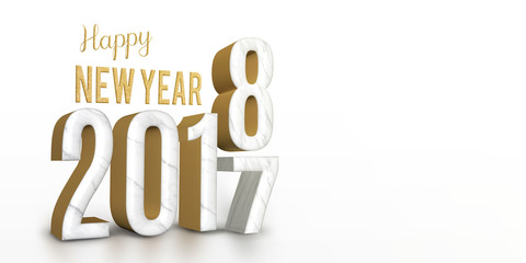 year 2017 marble and gold texture number change to 2018 new year in white studio room, New year greeting card banner for display of design content, 3d rendering.