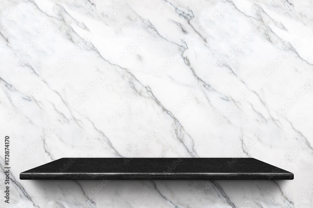 Aufkleber empty black marble shelf at white marble wall pattern background,mock up for display or montage of p