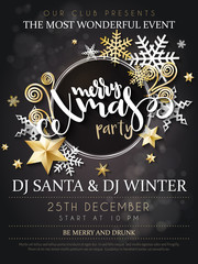 Vector illustration of christmas party poster with hand lettering label - christmas - with stars, sparkles, snowflakes and swirls - 173874512