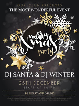 Vector illustration of christmas party poster with hand lettering label - christmas - with stars, sparkles, snowflakes and swirls
