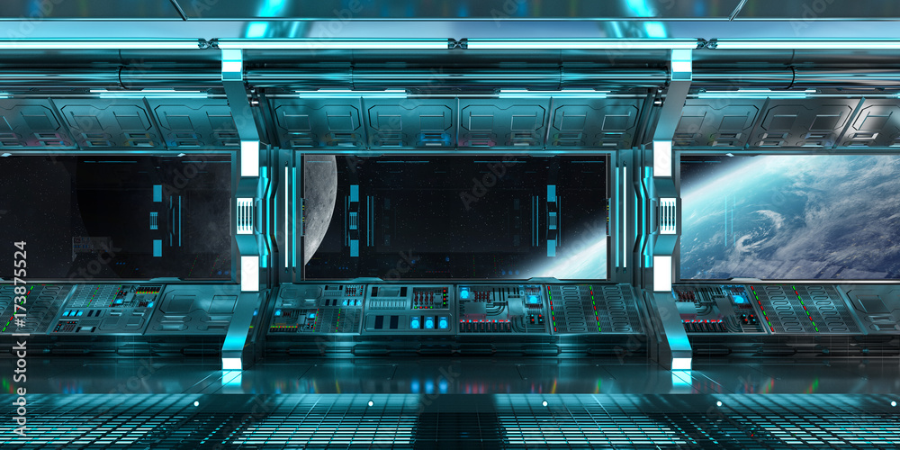 Poster Spaceship interior with view on the planet Earth 3D rendering elements of this image furnished by NASA
