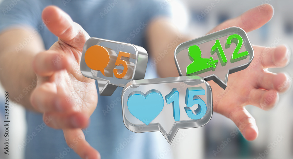 Poster businessman using digital colorful social media icons 3d rendering
