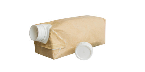 Used  Brown milk carton is crumple isolated on white background