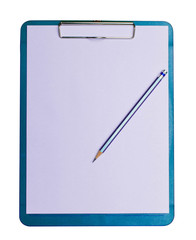 blue clipboard with blank white sheet attached isolate on white background