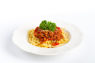spaghetti bolognese on white background