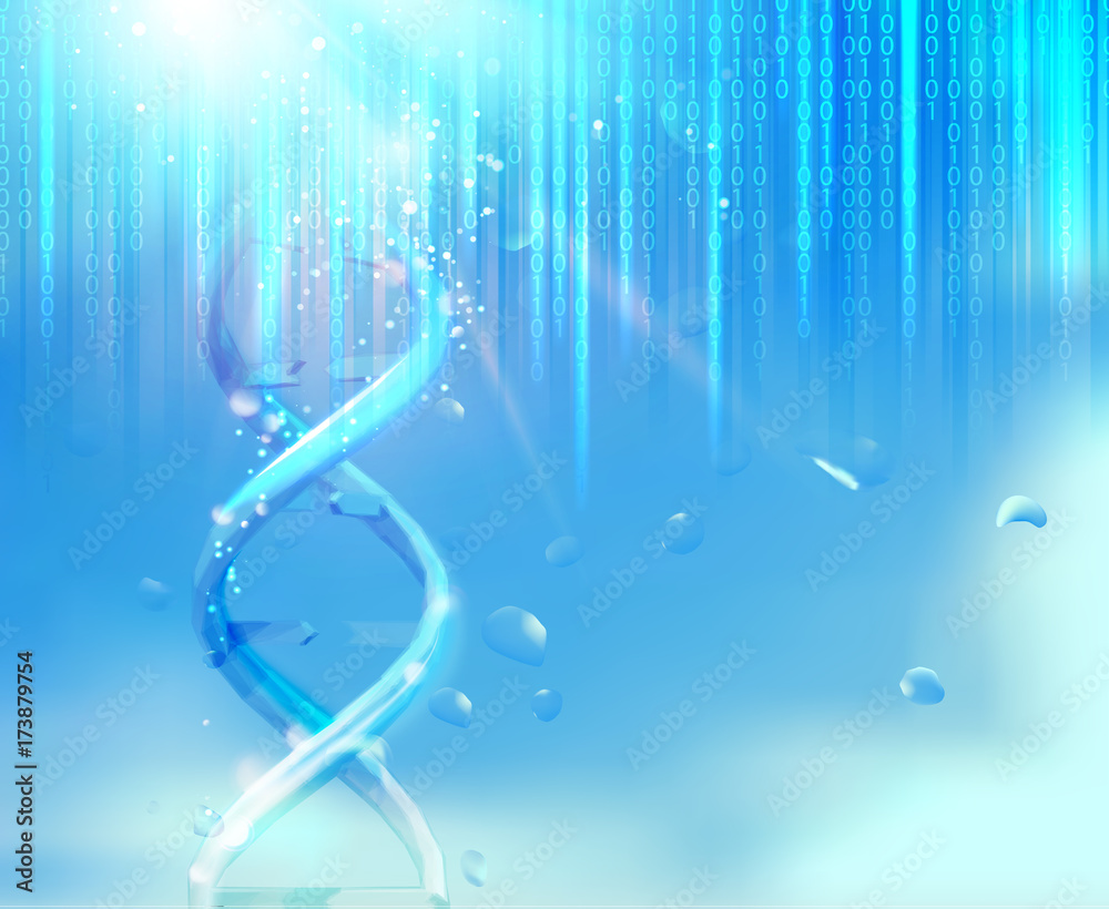 Poster dna chain over abstract blue background with falling arrays of digits. vector illustration.