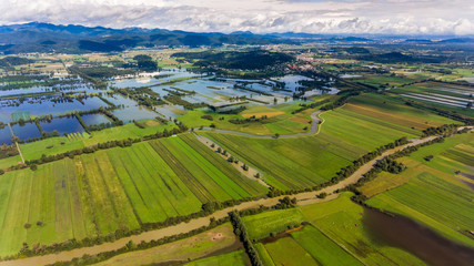 Aerial view of flooded fields.