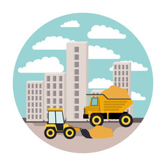 building set city landscape construction with dump truck and bulldozer in circular shape colorful silhouette © Grgroup