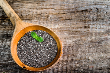 Healthy food, sources omega-3 - chia seed on wooden spoon, copy space