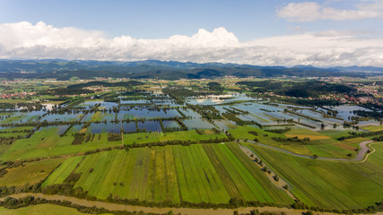 Fototapeta na wymiar Aerial view of flooded fields.