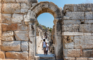 People visit ancient ruins at Ephesus historical ancient city, in Selcuk,Izmir,Turkey:20 August 2017